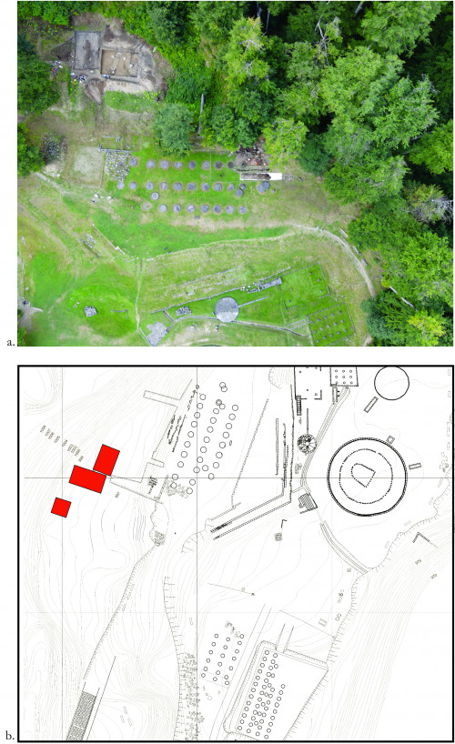 Fig. 1. a. Zona sacră - terasele a IX-a, a X-a şi a XI-a (aspect din timpul cercetării arheologice); b. planul zonei sacre (INP) cu amplasarea suprafeţelor deschise în anul 2023.